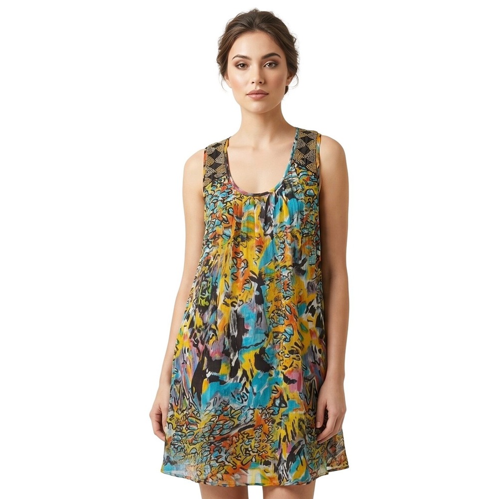 ALBERTO MAKALI Beaded Shoulder Abstract Shift Dress Silk-Feel Medium NWT $250 - Picture 7 of 7